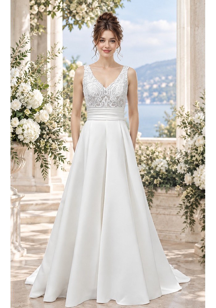 A-line - Satin Wedding Dress with Pleated Waist Line and Sheer Lacy Tank Top Bodice - OU-A3003 A-line - Satin Wedding Dress with Pleated Waist Line and Sheer Lacy Tank Top Bodice - OU-A3003