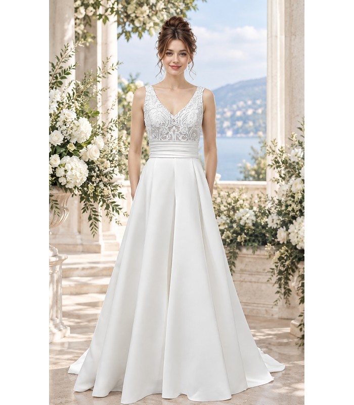 A-line - Satin Wedding Dress with Pleated Waist Line and Sheer Lacy Tank Top Bodice - OU-A3003