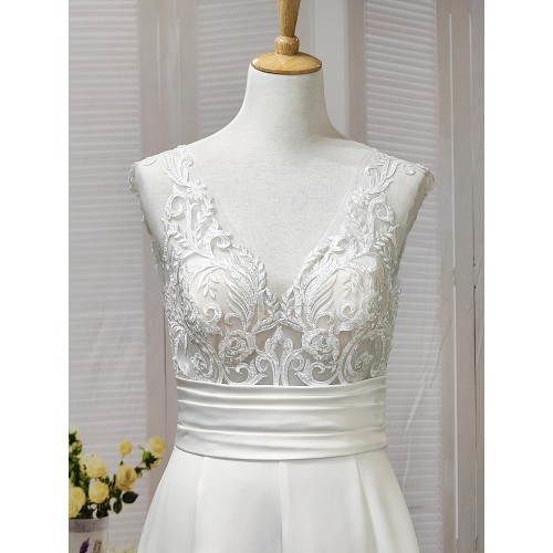 A-line - Satin Wedding Dress with Pleated Waist Line and Sheer Lacy Tank Top Bodice - OU-A3003