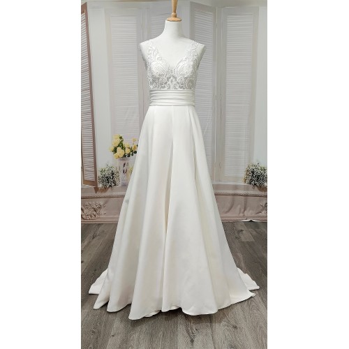 A-line - Satin Wedding Dress with Pleated Waist Line and Sheer Lacy Tank Top Bodice - OU-A3003