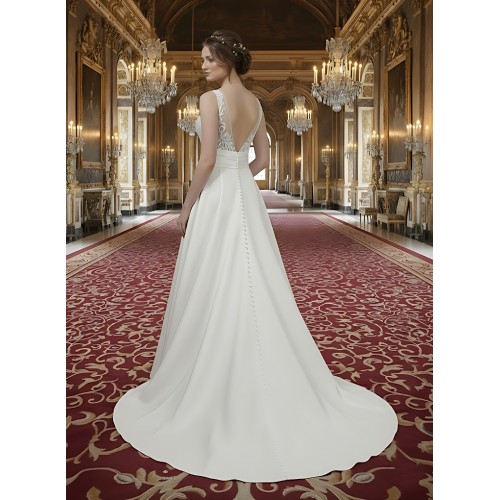 A-line - Satin Wedding Dress with Pleated Waist Line and Sheer Lacy Tank Top Bodice - OU-A3003