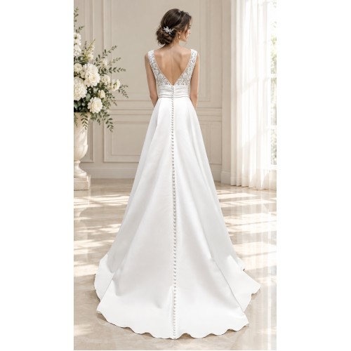 A-line - Satin Wedding Dress with Pleated Waist Line and Sheer Lacy Tank Top Bodice - OU-A3003