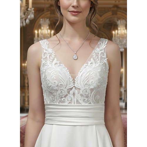 A-line - Satin Wedding Dress with Pleated Waist Line and Sheer Lacy Tank Top Bodice - OU-A3003