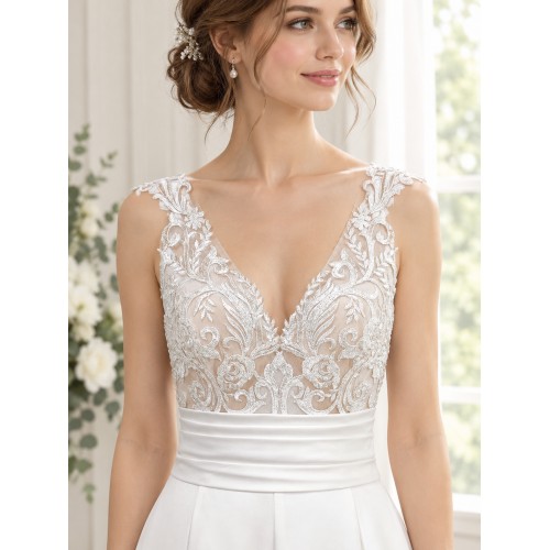 A-line - Satin Wedding Dress with Pleated Waist Line and Sheer Lacy Tank Top Bodice - OU-A3003