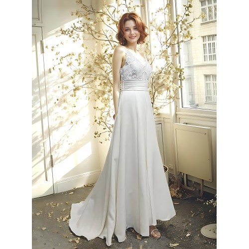 A-line - Satin Wedding Dress with Pleated Waist Line and Sheer Lacy Tank Top Bodice - OU-A3003