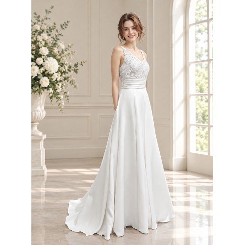 A-line - Satin Wedding Dress with Pleated Waist Line and Sheer Lacy Tank Top Bodice - OU-A3003