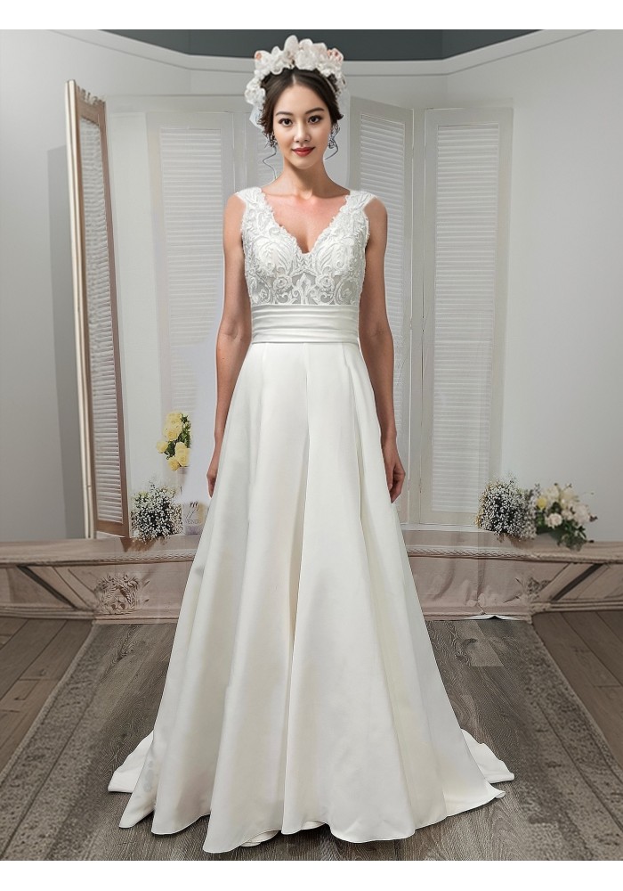 A-line - Satin Wedding Dress with Pleated Waist Line and Sheer Lacy Tank Top Bodice - OU-A3003