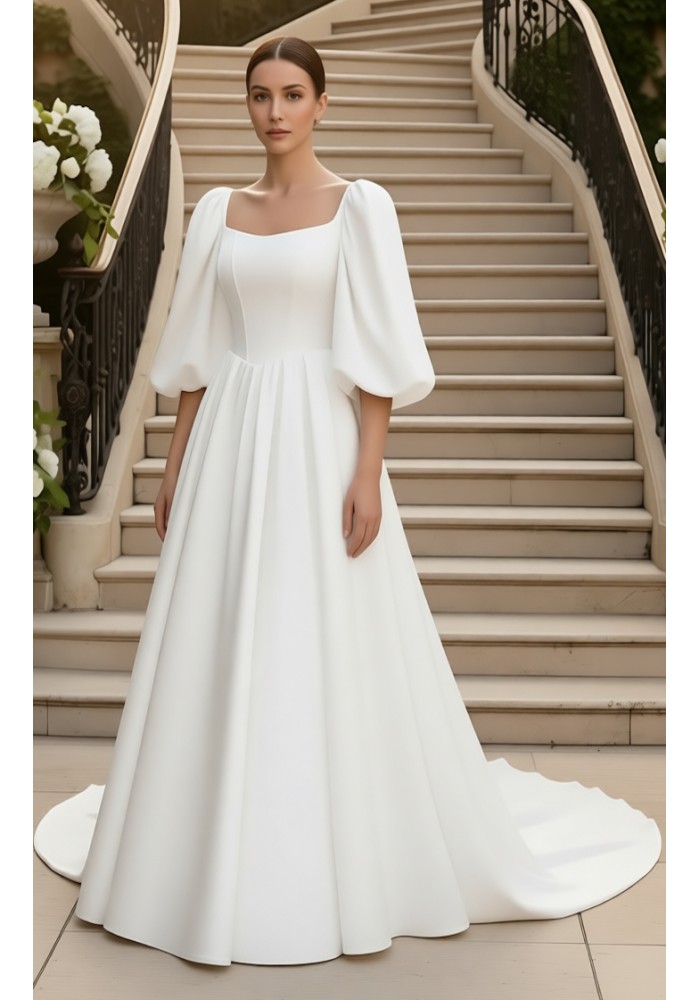 Regal Premium Crepe A-Line Wedding Dress with Basque waistline, Puff Sleeves, and Cathedral Train - OU-A6006