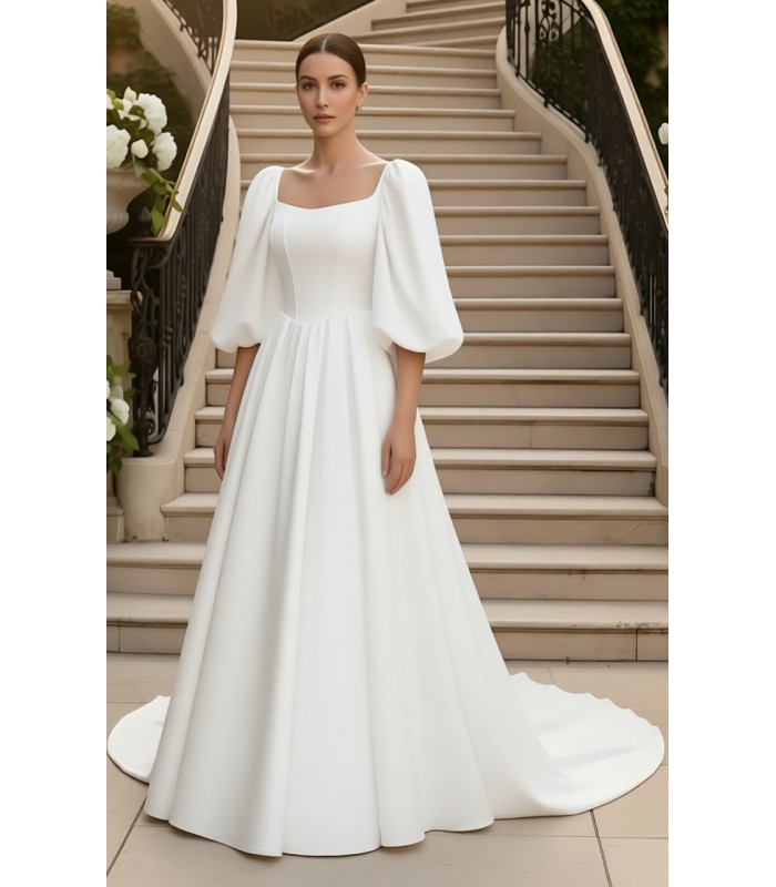 Regal Premium Crepe A-Line Wedding Dress with Basque waistline, Puff Sleeves, and Cathedral Train - OU-A6006