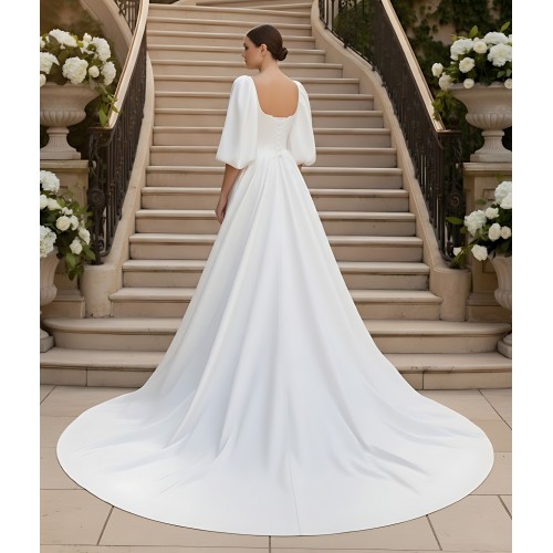 Regal Premium Crepe A-Line Wedding Dress with Basque waistline, Puff Sleeves, and Cathedral Train - OU-A6006