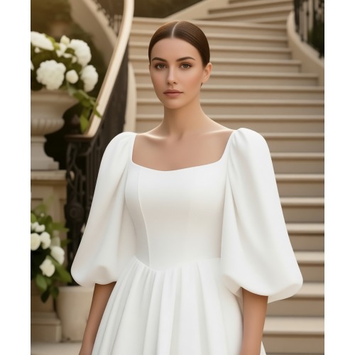 Regal Premium Crepe A-Line Wedding Dress with Basque waistline, Puff Sleeves, and Cathedral Train - OU-A6006