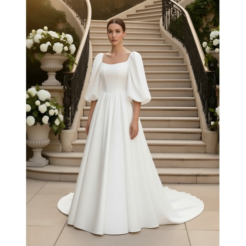 Regal Premium Crepe A-Line Wedding Dress with Basque waistline, Puff Sleeves, and Cathedral Train - OU-A6006