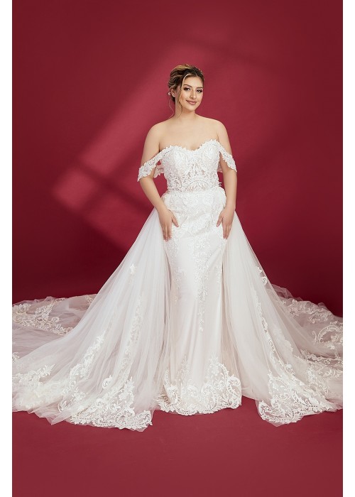 Fitted and Flare Sweet-Heart Beaded Lace Tulle with Heavy Lace Placement Over-Skirt Wedding Dress - OU-F1003OS