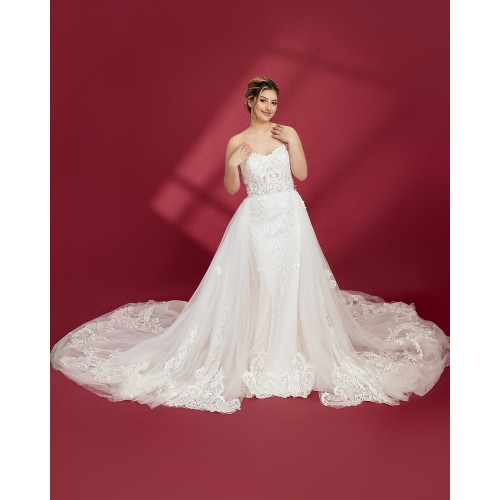 Fitted and Flare Sweet-Heart Beaded Lace Tulle with Heavy Lace Placement Over-Skirt Wedding Dress - OU-F1003OS