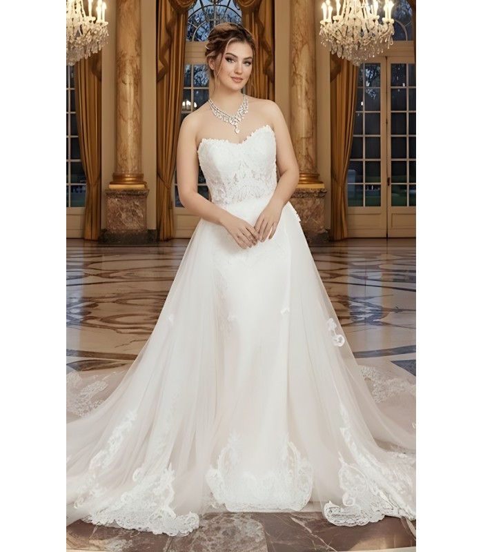 Fitted and Flare Sweet-Heart Beaded Lace Tulle with Heavy Lace Placement Over-Skirt Wedding Dress - OU-F1003OS