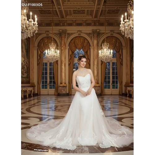 Fitted and Flare Sweet-Heart Beaded Lace Tulle with Heavy Lace Placement Over-Skirt Wedding Dress - OU-F1003OS