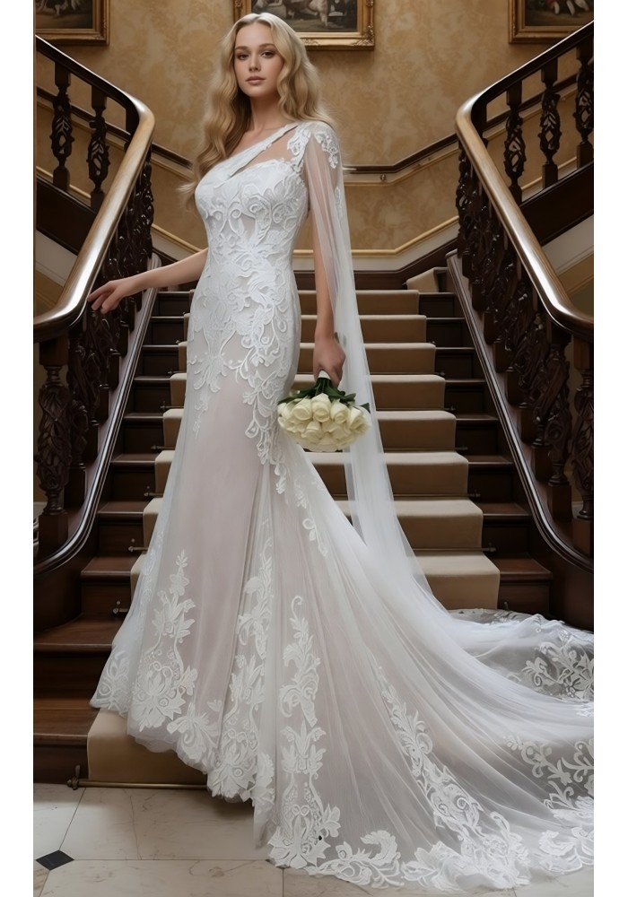 A luxurious one-shoulder mermaid wedding dress open back with a detachable shoulder cape - OU-F1007