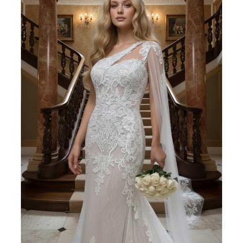 A luxurious one-shoulder mermaid wedding dress open back with a detachable shoulder cape - OU-F1007