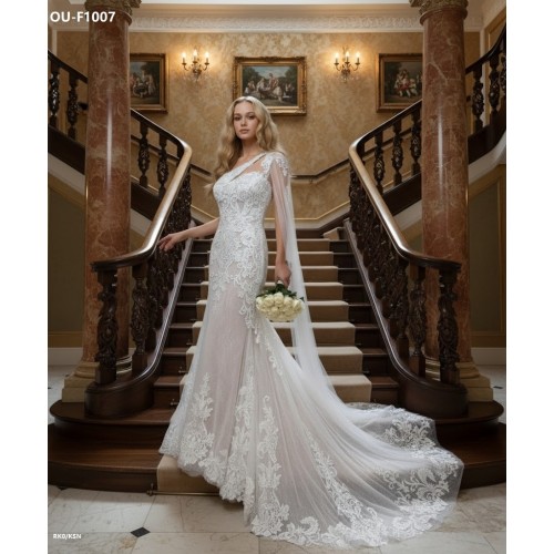 A luxurious one-shoulder mermaid wedding dress open back with a detachable shoulder cape - OU-F1007