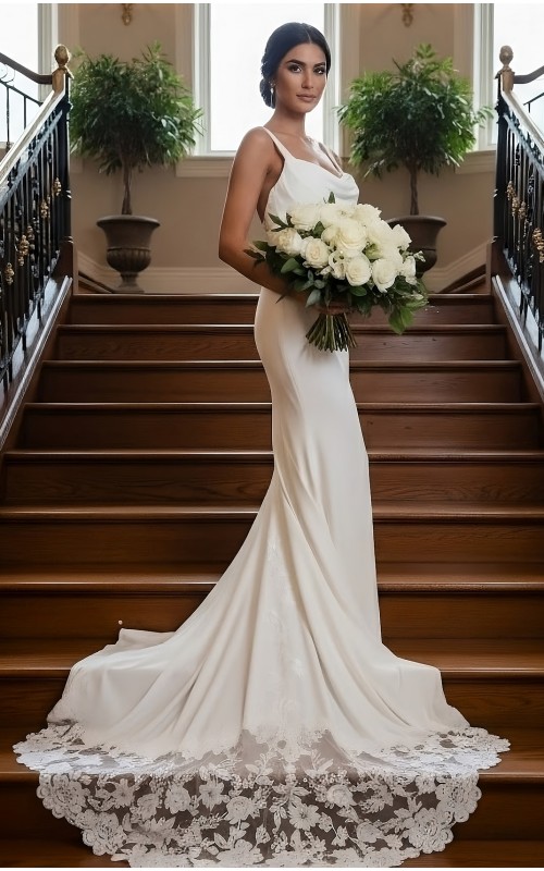 Wedding Dress - Crepe  Fitted and Flare Cowl Neckline with Rosy Cut-Out Train - OU-F2011