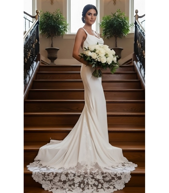 Wedding Dress - Crepe  Fitted and Flare Cowl Neckline with Rosy Cut-Out Train - OU-F2011