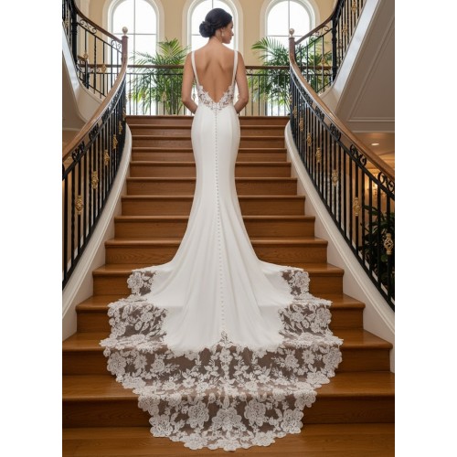 Wedding Dress - Crepe  Fitted and Flare Cowl Neckline with Rosy Cut-Out Train - OU-F2011